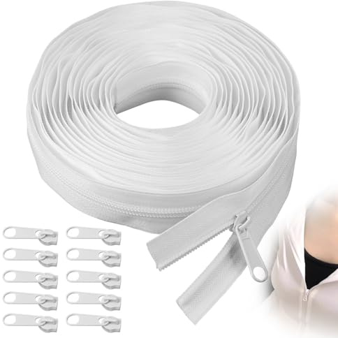 ZMNVHJ 10 m oändlig dragkedja med dragkedja för sängkläder oändlig dragkedja med dragkedja, vit dragkedja, metervara med 10 metallreglage för väska, sängkläder