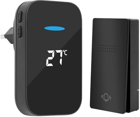 RISVOWO Sonnette sans Fil, Exterieur Etanche, Kit de Carillon avec Récepteurs Enfichables, 38 Mélodies au 4 Niveaux Volumes avec Affichage de la Température pour Maison au Bureau