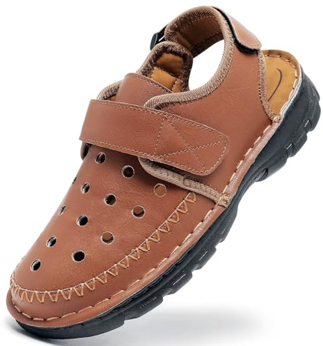GURGER Sandalias Deportivas Hombres Verano Playa Piel Sandalias de Cuero Trekking Senderismo con Puntera Cerrada Marrón Rojo 43