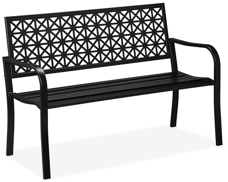 Relaxdays Banco Jardín, 2 Plazas, Terraza, Balcón, Acero, diseño Geométrico, 85x127x62 cm, Asiento para Exterior, Negro