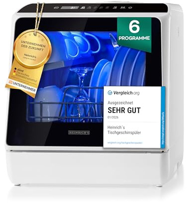 Heinrich´s tragbarer Mini Geschirrspüler, Spülmaschine, Tischgeschirrspüler mit 5L Wassertank, mit oder ohne Wasseranschluss nutzbar, klein+ freistehend für Büro, Camping/Wohnmobil, 6 Programme, 950W