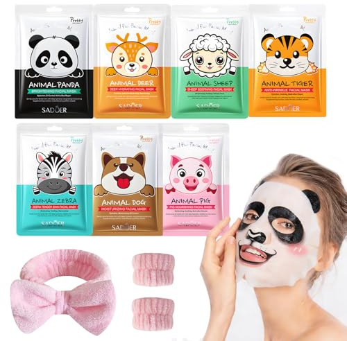 7 Piezas Mascarilla Facial Skincare Niña, Mascarilla Hidratante de Animales Set con Diadema y Correa de Mano, Mascara Facial Calmante Iluminadora Face Mask Regalo Mujer para Belleza