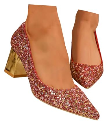EQWIGKEIT Scarpe glitterate da donna con tacco festivo Tacco a blocco Scarpe da ballo chiuse scarpe da sposa comode décolleté eleganti scarpe da ballo da donna, A6 rosso., 37 EU