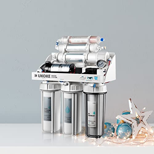 Ukoke RO75GP 6 Stages Reverse Osmosis Water Filtration, Sink pH+ Alkaline Remineralizing RO Filter & Softener System, NSF & WQA Gold Seal Certified, 75 Gallon Per Day White with Pump