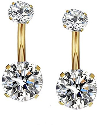 YHMM 14G Surgical Steel Gold Belly Button Rings, Internally Threaded 12mm Long Round CZ Navel Barbell Stud for Women Men (2 Pcs Clear, Gold)