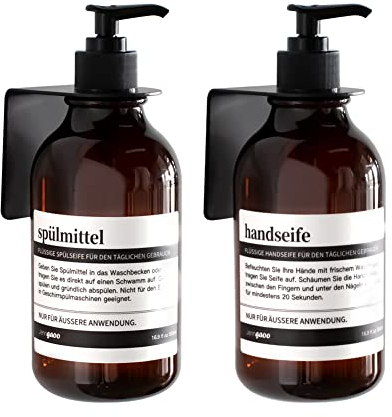 Dispensador Jabón Baño Pared 500ml, 2 Piezas Botellas Vacías con Bomba, Sin Taladrar, Etiqueta Impermeable para Cocina y Baño, Soporte de Pared (Gel, Champú, Jabón Líquido)