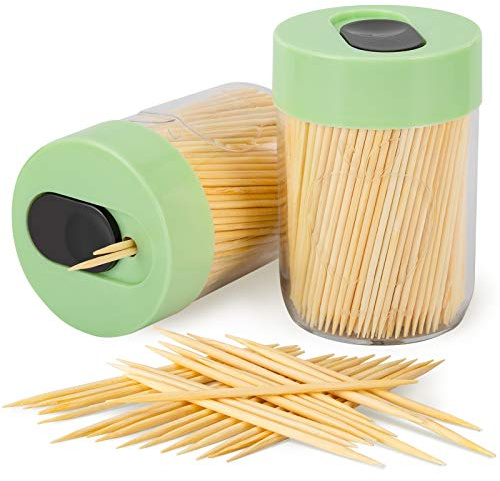 Urbanstrive Sturdy Safe Toothpick Holder with 800 Natural Wood Toothpicks for Teeth Cleaning, Unique Home Design Decoration, Unusual Gift, 2 Pack, Green