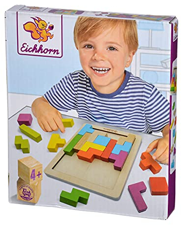 Eichhorn - buntes Formenlegespiel, Geschicklichkeitsspiel mit 20 Steinen in 5 Formen, 21 teilig, 18x15 cm groß, für 1 Spieler, aus Holz, ab 4 Jahren