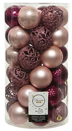 ETC dekorativer bruchfester Kugelmix als 37er Set Weihnachtskugeln Baumkugeln bruchfest für innen und außen Durchmesser 6 cm in verschiedenen Oberflächen Mustern (puderrosa samtpink magnolienrosa)