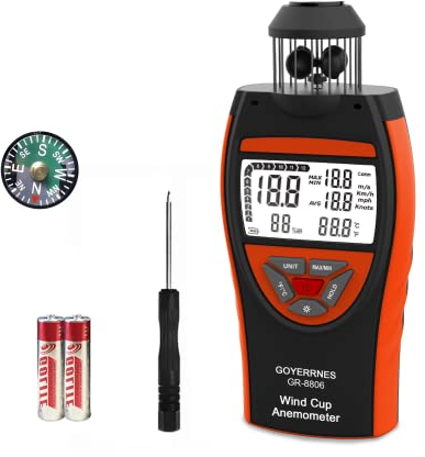 Anemometro digitale portatile, tester di velocità del vento GR-8806 Misura la velocità del vento m/s, km/h, mph, nodi temperatura ℃ /℉ Supporto vite treppiede, conservazione dati, retroilluminazione