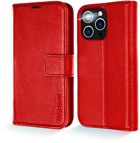 TECHGEAR Wallet Case for iPhone 14 Pro Max, Genuine Leather Magnetic Flip [RFID Blocking] Case with Shockproof TPU, Card Slots, Stand Folio Cover Compatible with iPhone 14 Pro Max 6.7 2022, Red