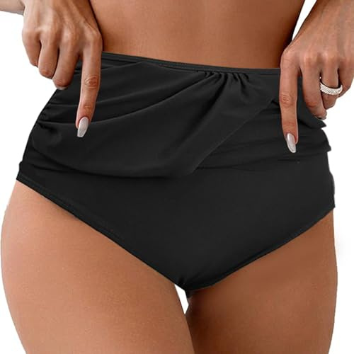 Femme Bas de Maillot Culotte de Bikini à Ruched Taille Haute Contrôle Abdomen Bas de Bikini Short Femme Shorts de Bain de Sport Froncés(Noir,S)