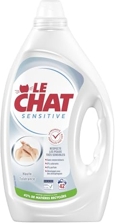 LE CHAT - Lessive liquide Sensitive 0% - La Propreté Formulée avec Soin - Respecte les Peaux Très Sensibles - Sans Conservateurs - Sans Parfum - Développé avec des Allergologues - 42 Lavages