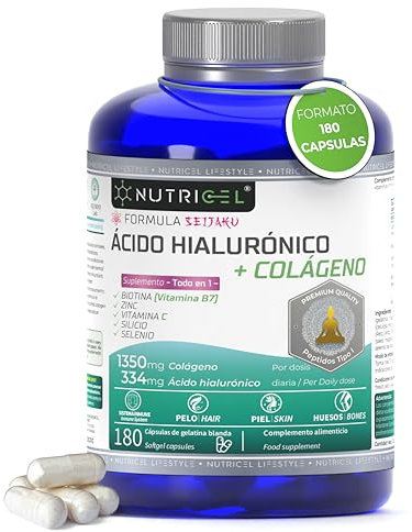 Colágeno hidrolizado puro + Ácido hialurónico – 180 cápsulas – enriquecido con biotina, selenio, zinc, extracto de bambú y vitamina C natural – colageno – dosis alta de 1350mg (3 meses)