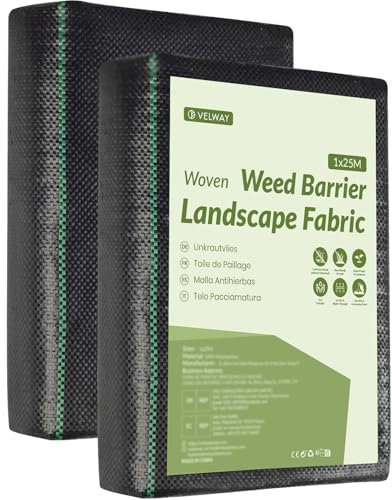 Velway Toile de Paillage 1x25M - Geotextile de Paillage Contre Les Mauvais Herbes en 100g/m² Fibres de Polypropylène Tissées Perméable à l'eau, Résiste Rayons UV, Anti Repousse - 2 Pièces 1x12,5M