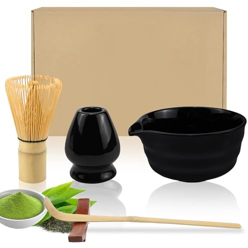 Raxfekro Juego de 5 escobas Matcha, batidor de matcha, cuchara de matcha, cuenco de matcha con boquilla, whisky matcha, juego de té matcha de cerámica (Negro)