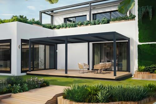 Pérgola bioclimática motorizada de Aluminio Cazeboo 6x3m Santa, Gris, Lamas orientables, Pérgola autoportante, An.597 x Prof.304 x Al.220 cm