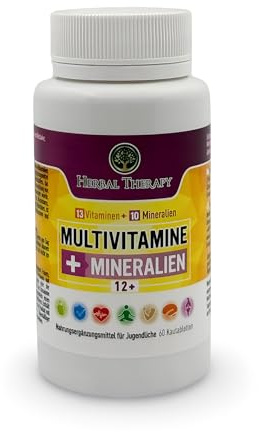 Herbal Therapy Multivitaminas + Multiminerales para adolescentes 12+, 13 Vitaminas + 10 Minerales, 60 Pastillas masticables, Necesidad diaria de vitaminas