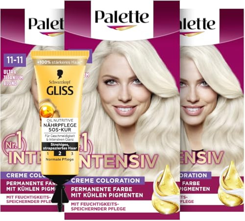 Palette Intensiv Creme Coloration 11-11 Ultra Titanium Blond (3x 115 ml), permanente Haarfarbe für leuchtende, langanhaltende Farbbrillanz & SOS-Intensiv-Kur Oil Nutritive (15 ml) Haarkur