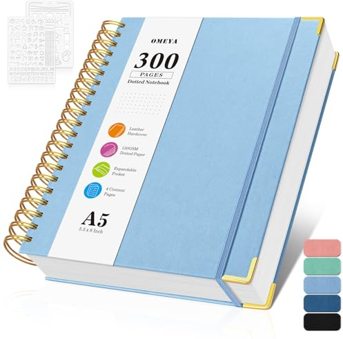 Bullet Dotted Journal Spiral Notebook, 300 Pages Leather Notebooks with Contens, 120 GSM Thick No Bleed Through Paper Journals, A5 Dot Grid Notebook for Women Men Work Writing, 5.5 x 8, Light Blue