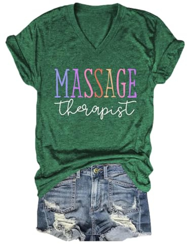 Massage Therapist Shirts Womens Graphic Tees Therapy Letter Print Cute T Shirt V-Neck Muscle Therapy Tshirt Tops Dark Green