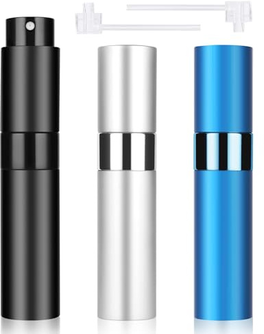ACWOO Atomizador Perfume Recargable, 3 PCS 10 ML Portátil Mini Botella de Perfume Vacía Recargable, Mini Botellas de Spray, Botella Vacío Pulverizador para Viajes, Vacacione, Negro+Azul+Plata