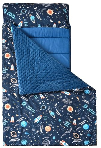 MWMWMW Space Toddler Nap Mat, Kids Sleeping Mat with Removable Pillow & Soft Minky Blanket, Kids Sleeping Bag for Daycare, Preschool & Travel