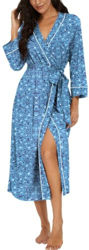 PrinStory Badrockar för kvinnor, lätt kimono, kläder, 3/4 ärmar, damer, morgonrockar, långa nattkläder, ledig, loungewear, basturock, Blå blomma, XL