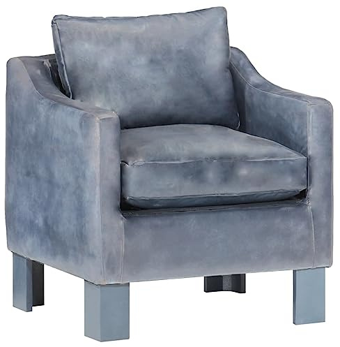Tonture Poltrona grigia in vera pelle di mango massiccio, 63 x 55 x 60 cm, comoda poltrona da club per soggiorno, camera da letto, angolo lettura, comoda seduta