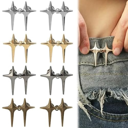 Vmoomax 8Pairs Star Waist Tighteners for Jeans, Pants, Skirts and Sweaters, Adjustable Metal Star Buttons in Gold, Silver, Shiny Black and Bronze for DIY Clothing, Accessories and Decorative