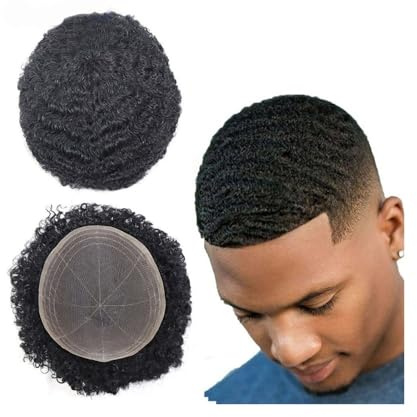 Uso Masculino Tupé Afro Rizado for Hombres Negros, Sistema de reemplazo Cabello Humano con Encaje Completo, prótesis capilar for 8 x 10 Pulgadas Cabeza de Peluca(10mm)