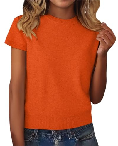 PODOLIXIA Jersey para mujer, manga corta, cuello redondo, jersey de verano, jersey de punto básico, jersey de verano, otoño, jersey de punto fino, camiseta monocolor, informal, manga corta, suéter
