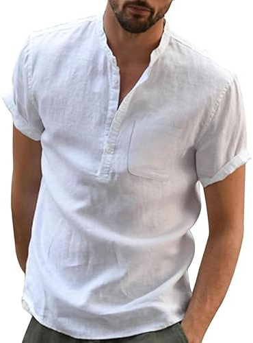 JESDM Mens Summer Shirts Short Sleeve Henley Shirt Cotton Blend Band Collar Casual Holiday Shirt with Pocket
