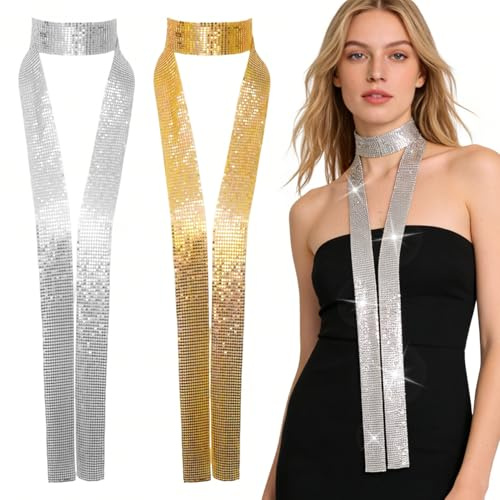 SYEYCW 2 Pcs Sequin Scarf, Sparkling Metallic Scarf, Skinny Long Neckerchief for Women, Costume Accessories for 70s 80s Disco Fancy Dress up Party Halloween Evening Party Wedding, Silver, Gold