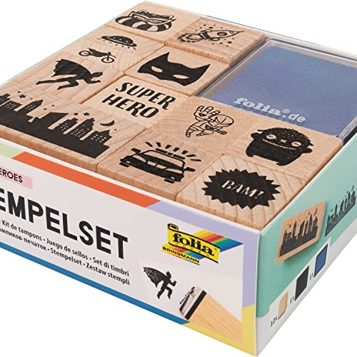 folia 31103 - Holzstempelset Superheroes, inklusive 12 Holzstempel und 2 Stempelkissen - ideal zum Verzieren von Karten, Freundschaftsbüchern, für Lettering und Scrapbooking