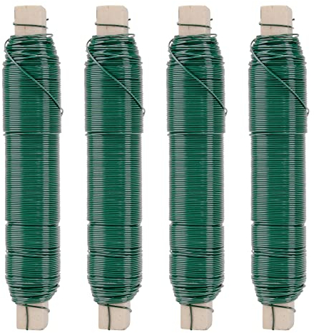 ECENCE 4er Set Blumendraht verzinkt, 0,65mm Basteldraht, Wickeldraht lose auf Holzwickel zur Befestigung von Blumen und Pflanzen, Bindedraht 35m Farbe Grün