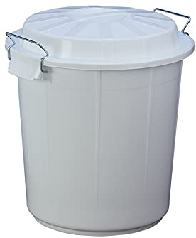 Cubo Industrial con Tapa 50 litros – Plástico Resistente, Asas Metálicas Ergonómicas, Color Blanco, 45,5x45,5x50,5 cm – Ideal para Industria, Limpieza y Hostelería | Denox