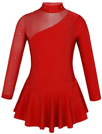 MSemis Vestido Patinaje de Manga Larga para Niña Leotardos de Danza Maillot con Falda Gimnasia Rítmica con Pedrería Brillante Disfraz de Bailarina 4-16 Años A Rojo 8 años