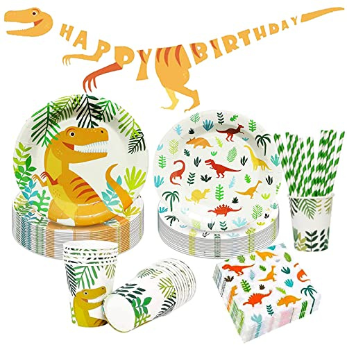Bymivofun 81 Pcs Dinosaure Anniversaire Vaisselle Ensemble, 16 Invités Papier Dinosaure Fête Fournitures, pour Enfants Thème Fête D'anniversaire Douche Décoration
