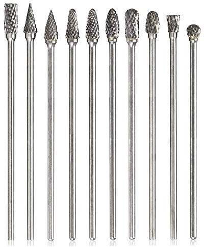 Mesee Ensemble 10pcs Fraises Rotatives Double Coupe de Tungstène Burres Kit Foret Mèche Lime Rotative Tige 1/8 Fichier Fraise en Carbure à Meulage Polissage Gravure Perçage pour Outil Rotatif