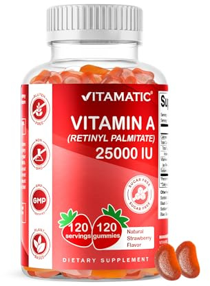 Vitamatic Sugar Free Vitamin A 25000 IU Gummies (Retinyl Palmitate) - Natural Strawberry Flavor - 120 Pectin Based Gummies (1 Bottle)