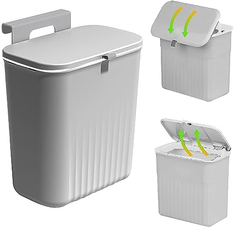 Wuzdy Papperskorg, soptunna, 12 l sopkorg för kök, hängande soptunna, sophink med lock, köksavfallskorg, utan borrning eller hängande på skåpdörr, för sovrum, skåp, kök, badrum (29 x 16 x 26 cm, grå)