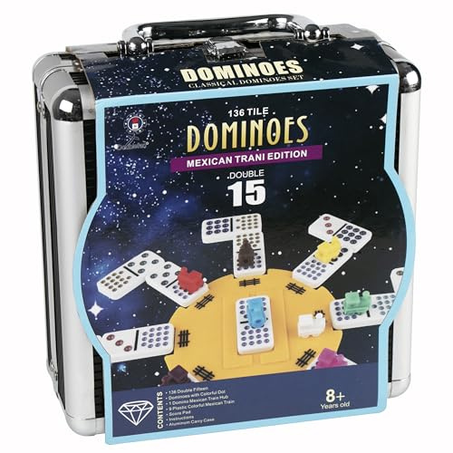 Double 15 Mexican train dominoes game with Colorful Dot,Dominoes set for adults, professional Classical Dominoes set with Aluminum Case,1 Domino Hub, 9 Colorful train, 136 Domino Tiles (2-10 players)