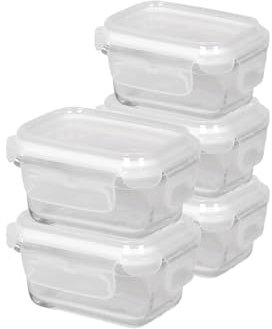 Harbour Housewares 150ml Glass Food Storage Containers with Lids - Clear/White - 5x Small Reusable Airtight Meal Prep Lunch Box Takeaway Cereal Pantry Tubs Set | Safe for Freezer and Microwave