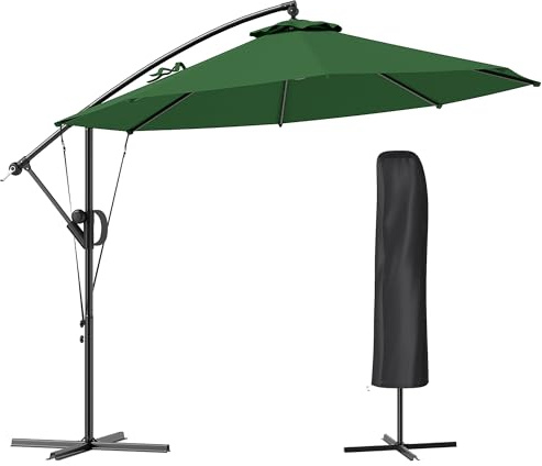 Outsunny 3(m) Garden Cantilever Parasol with Cover and Wind Protection Strap, Round Overhanging Umbrella with Crank Handle and Tilt, Banana Patio Umbrella for Outdoor Sun Shade, UPF50+, Green