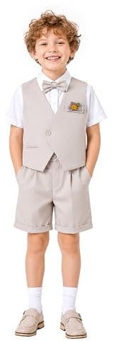 LOLANTA Traje de Verano Niño 6 Piezas con Chaleco Asimétrico, Camisa, Pantalón, Pajarita, Tirantes, Flor, Beige, 10-11 años, 150