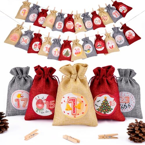 Calendario de Adviento para Rellenar – 24 Bolsas de Yute con Números Impresos – Bolsitas Navideñas Reutilizables para Niños y Adultos, Decoración para Colgar