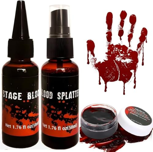 Halloween Set de Faux Sang, 50ml sang coulant, 50ml Spray de Faux Sang et 30g Plasma Coagulé, Réaliste, Lavable, pour vêtements, zombie, vampire et déguisement