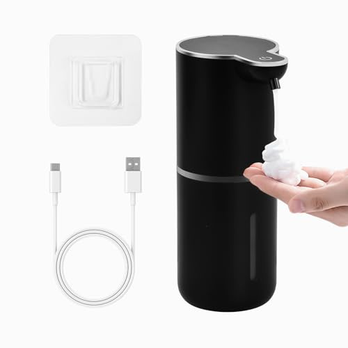 Dispensador Jabón Automático con Sensor, 380ml, Dispensador de Jabon Pared Espuma Eléctrico de Manos, 4 Niveles Ajustables, Recargable por USB, Resistente Al Agua IPX5 para Cocina, Baño (Negro)