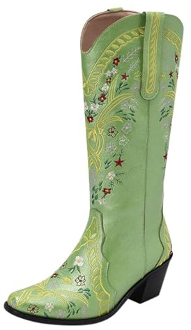 Generisch Bottes pour femme avec mollet large - Bottes d'hiver en cuir - Brodées - Talon bloc - Antidérapantes - Chaussures à talon compensé - Bottes mollets, vert, 33 EU